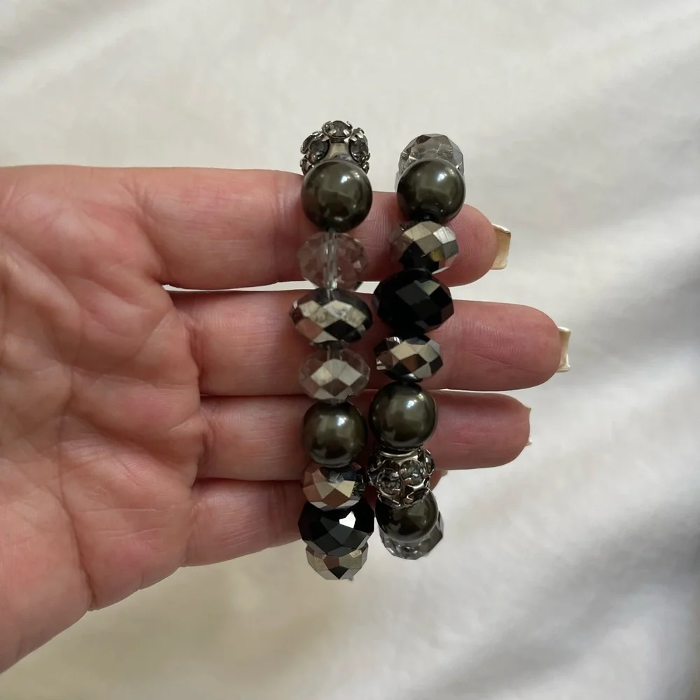 2 Beaded Stacking Bracelets with Black, Silver, Hematite, Rhinestone